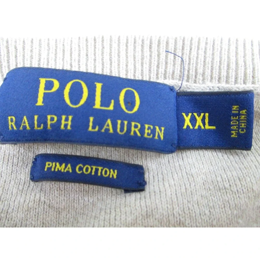 Polo Ralph Lauren Sweater Mens 2XL Beige V-Neck Pima Cotton Knit Pullover‎ Pony